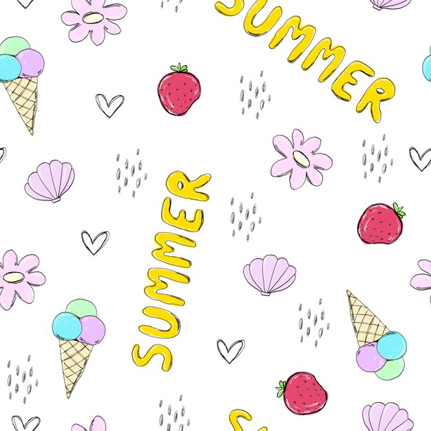 Vector hand drawn summer seamless pattern with strawberry abstract hearts food doodle cute vector