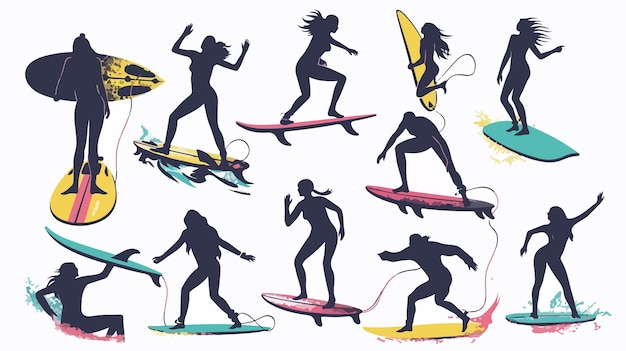 Vector hand drawn summer sports surfing in variety poses