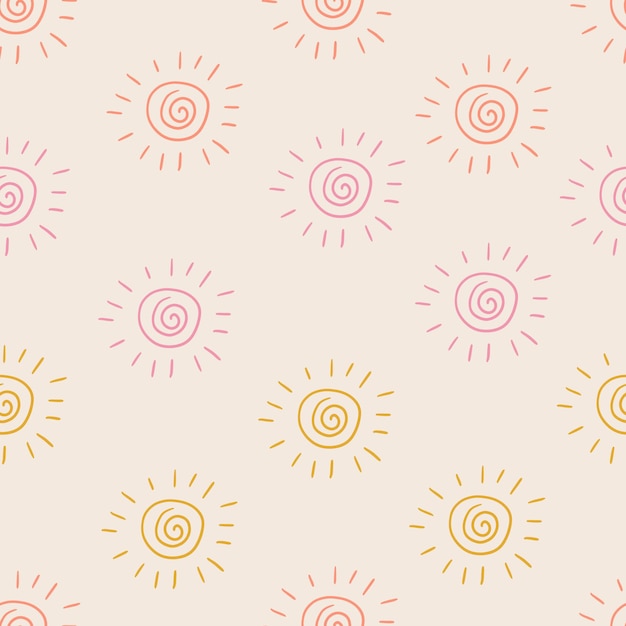 Hand drawn sun modern doodle seamless pattern. Pastel grunge background. Vector illustration