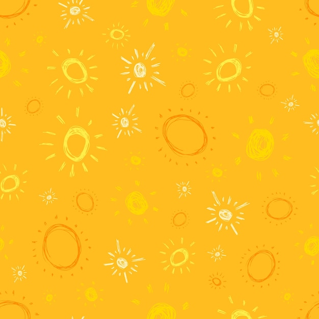 Hand drawn sun Seamless pattern of simple sketch sun's Solar symbol Yellow doodle isolated on yellow background Vector illustration