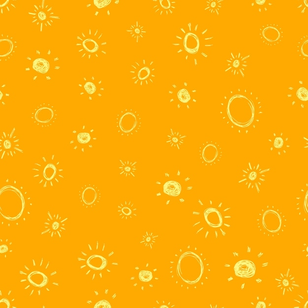 Hand drawn sun Seamless pattern of simple sketch sun's Solar symbol Yellow doodle isolated on yellow background Vector illustration