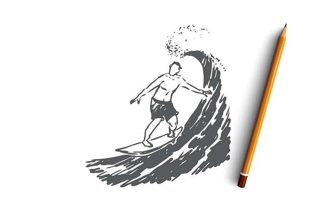 Hand drawn surfer on a wave concept sketch