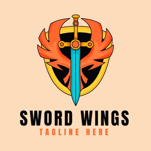 Hand drawn sword with wings logo template