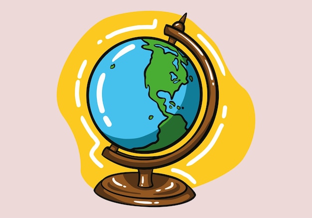 Hand drawn A table globe with concept of worldwide education. Vector cartoon illustration