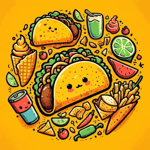 Hand drawn taco cartoon illustration yellow background