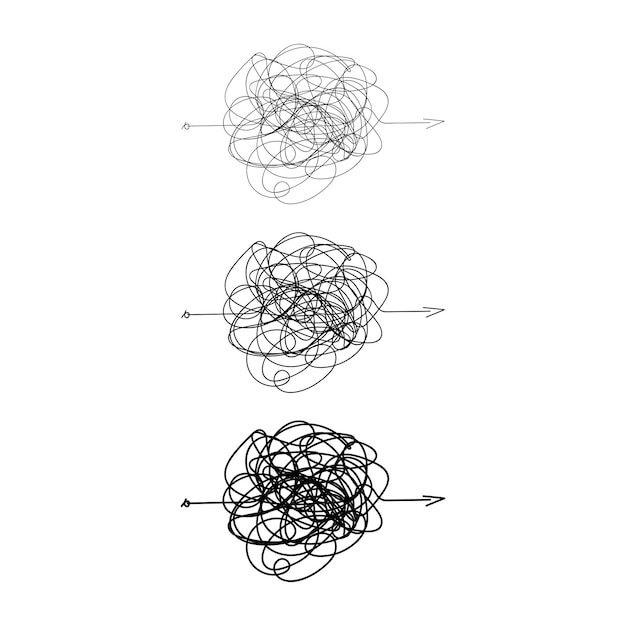 Hand drawn tangle scrawl sketch or black line spherical abstract scribble shape Vector tangled chaotic doodle circle drawing circles or thread clew knot isolated on white background