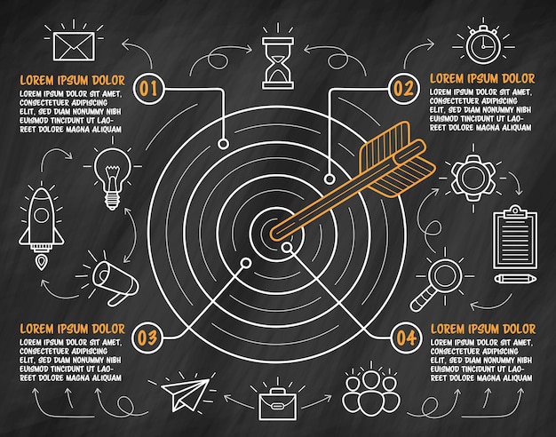 Hand drawn target with arrow in center and business icons around. Infographic template on blackboard