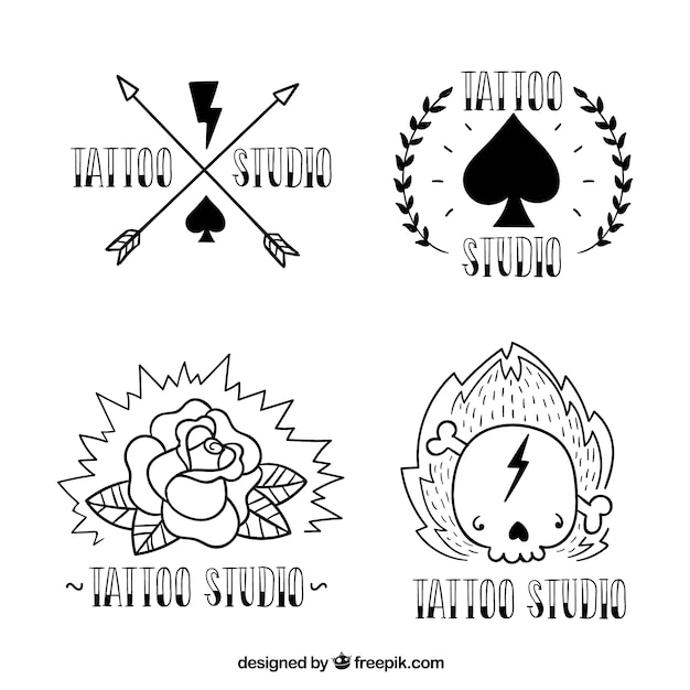 Vector hand drawn tattoo studio logos, black and white 