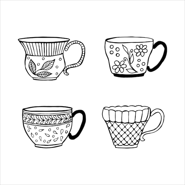 Hand drawn tea or coffee cups doodle or sketch flat image