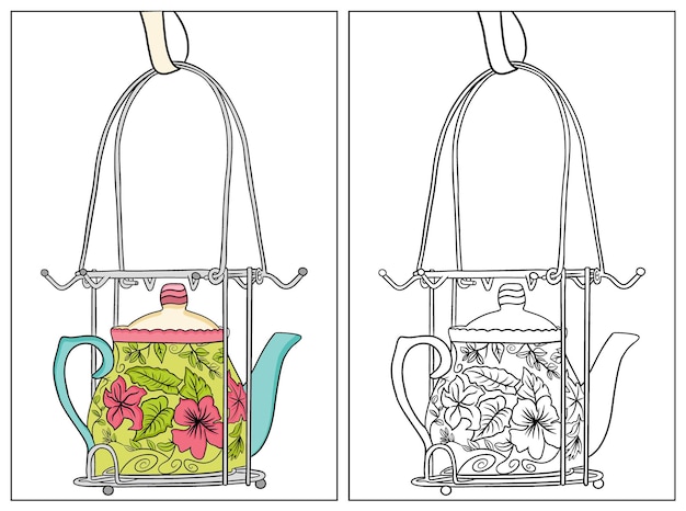 Hand drawn tea pot vector decorated with flower and line drawing to fill with colors.