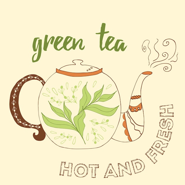 Hand drawn teapot with green tea