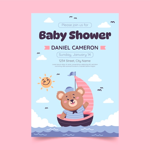 Vector hand drawn teddy bear baby shower invitation