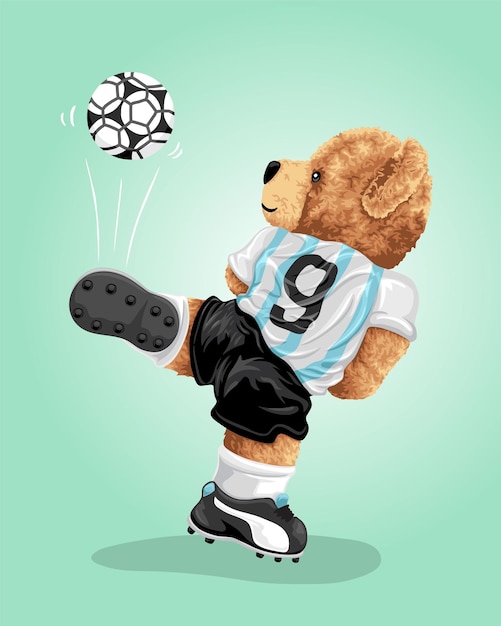 Hand drawn teddy bear cartoon playing soccer