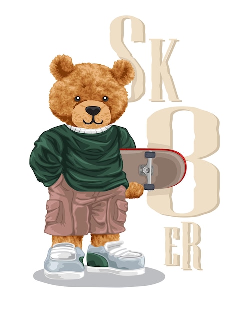 Hand drawn teddy bear cartoon in skater style holding skateboard