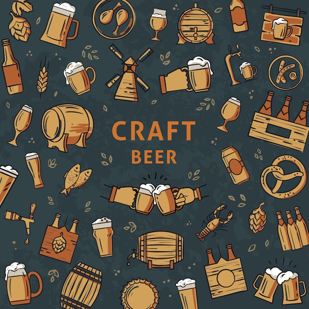 The hand-drawn template of colorful icons on the topic of beer