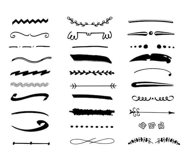 Hand drawn text delimiters set. Paragraph separators. Deviders collection in doodle style. Vector deviding lines.