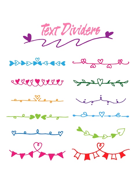 Hand drawn text dividers and border Lines with heart. use for concept design. doodle design elements. vector illustration