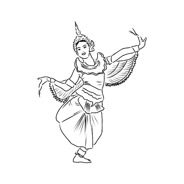 Hand drawn Thai traditional dancing style female ghost on white background for concept