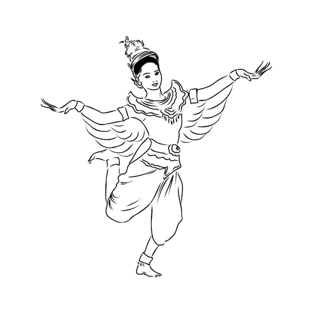 Hand drawn Thai traditional dancing style female ghost on white background for concept