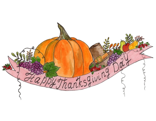 Hand drawn Thanksgiving card background. Watercolor and liner