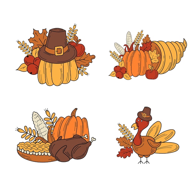 Hand drawn Thanksgiving elements for card design. Holiday card in doodle style