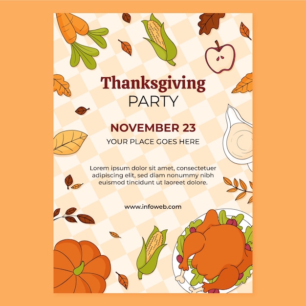 Vector hand drawn thanksgiving vertical poster template with turkey and corn