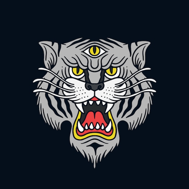 Hand drawn three eyed white tiger illustration