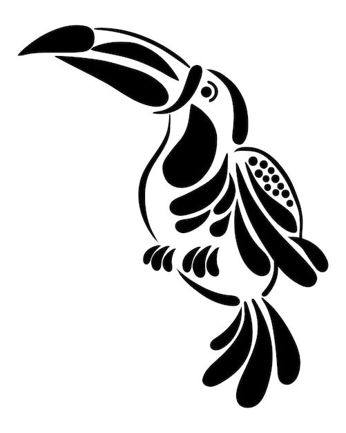 Hand drawn toucan bird, black silhouette with ornament. Stencil, illustration, vector