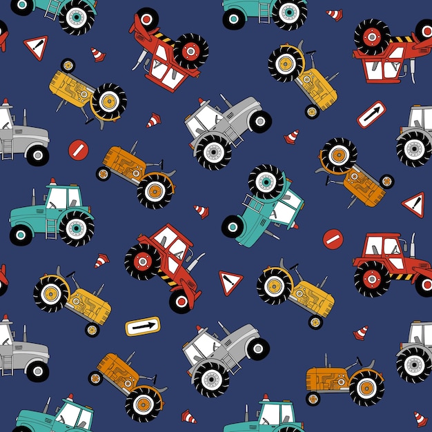 Hand drawn tractors seamless vector pattern.