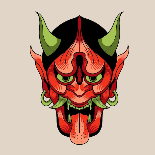 Vector hand drawn traditional tattoo of a japanese oni mask 3