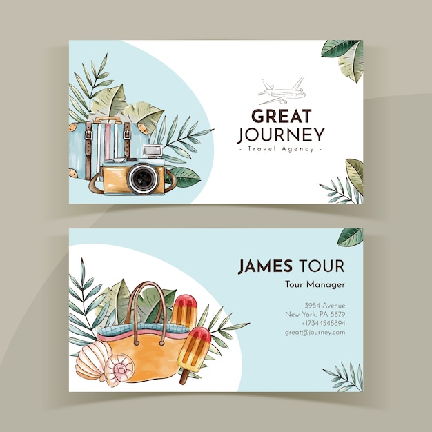 Hand drawn travel agency horizontal business card template