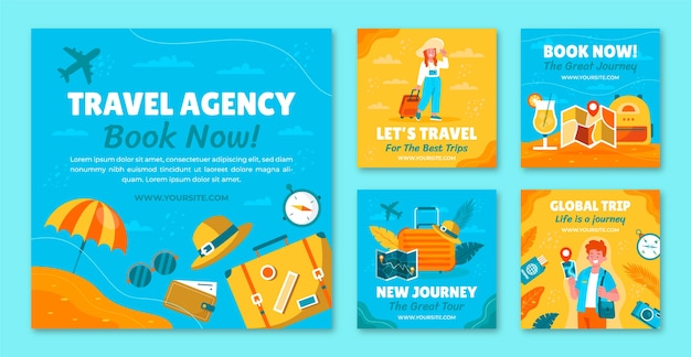 Hand drawn travel agency instagram posts with baggage