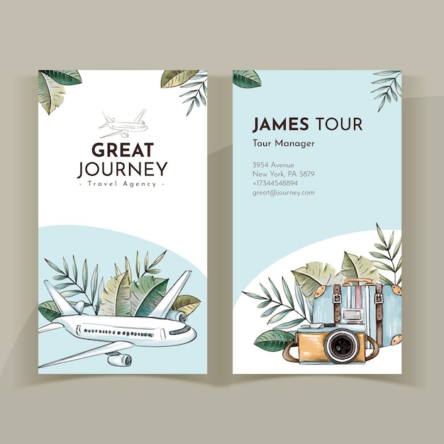 Hand drawn travel agency vertical business card template