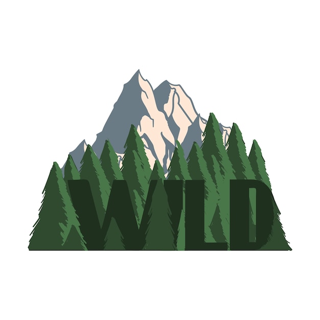 Hand drawn travel badge mountains and fir trees vector illustration Wild text