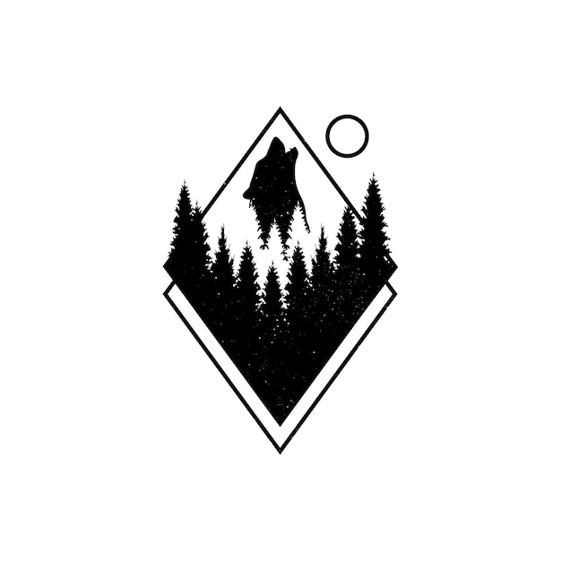 Hand drawn travel badge with fir trees and wolf