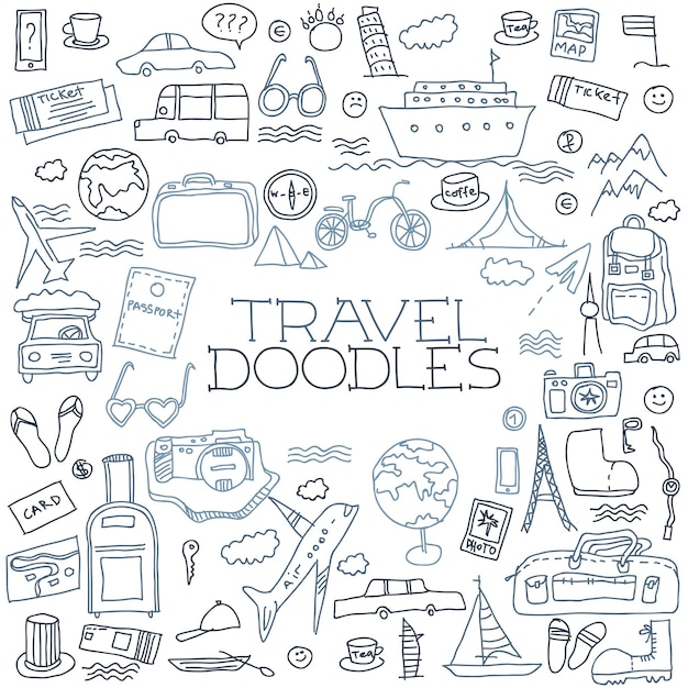 Hand drawn travel tourism doodles elements vector illustration