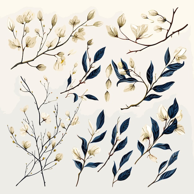 Hand drawn tree branches and leaves set illustration