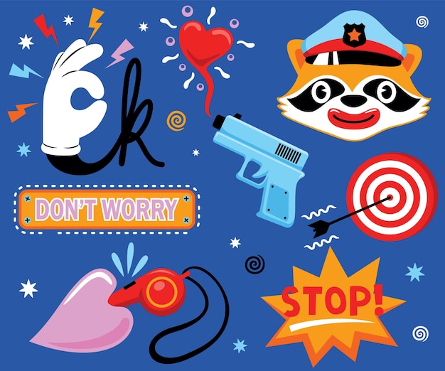 Hand drawn trendy cartoon element illustration with funny raccoon and cop's equipment