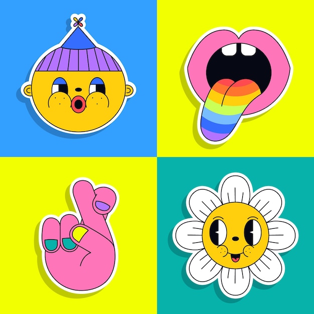 Hand drawn trendy cartoon stickers Vector set of funny characters Flat illustrations