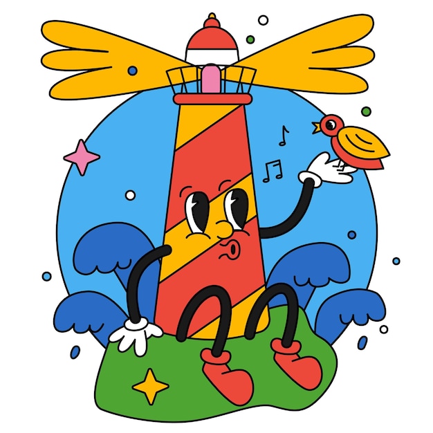 Hand drawn trendy cartoon vector illustration The lighthouse sings by the sea with bird