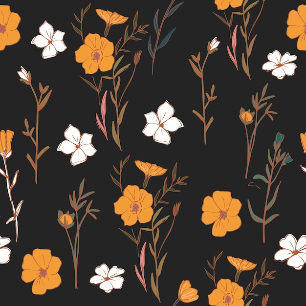 Hand drawn trendy folk blossom flowers Floral seamless pattern Trendy earth tone floral design