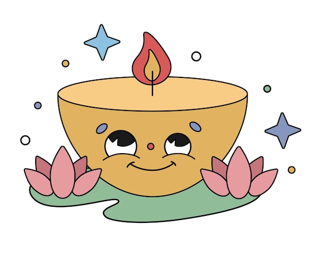 Hand drawn trendy traditional cartoon illustration of a candle with face and lotus