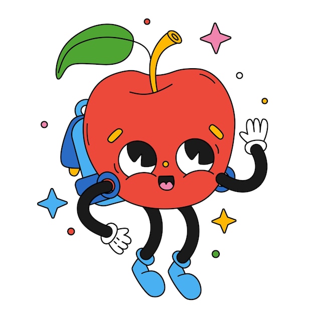 Hand drawn trendy traditional cartoon vector illustration cute happy red apple with backpack