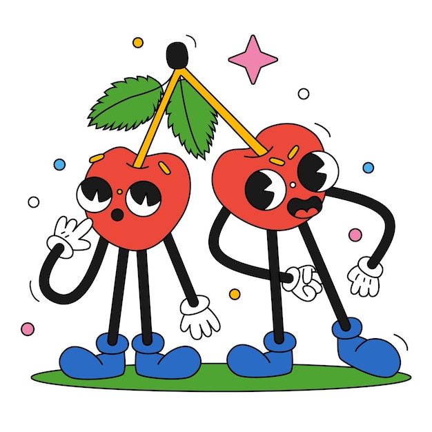 Hand drawn trendy traditional cartoon vector illustration happy couple of cherries