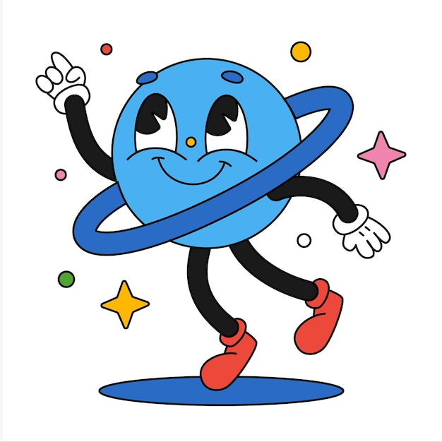 Hand drawn trendy traditional cartoon vector mascot happy cute planet reaches for the stars