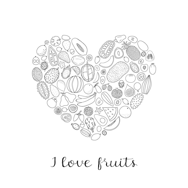 Hand drawn tropical fruits in heart