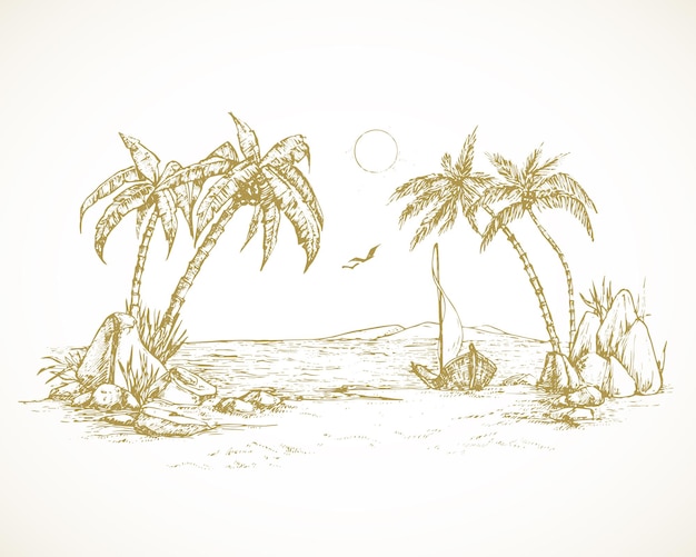 Vector hand drawn tropical island landscape vector illustration sea view with palm trees and boat sketch beach resort doodle isolated