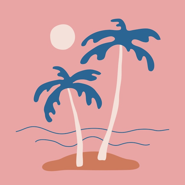 Hand Drawn Tropical Island Vector Illustration Sunset on the Beach with Palm Trees and Sea