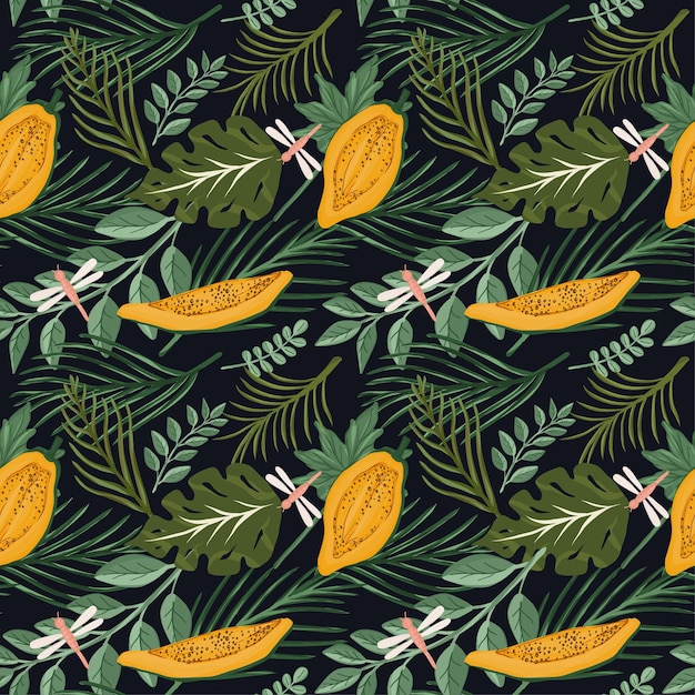 hand drawn tropical leaf and papaya pattern