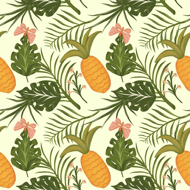 Hand drawn tropical plant and pineapple pattern